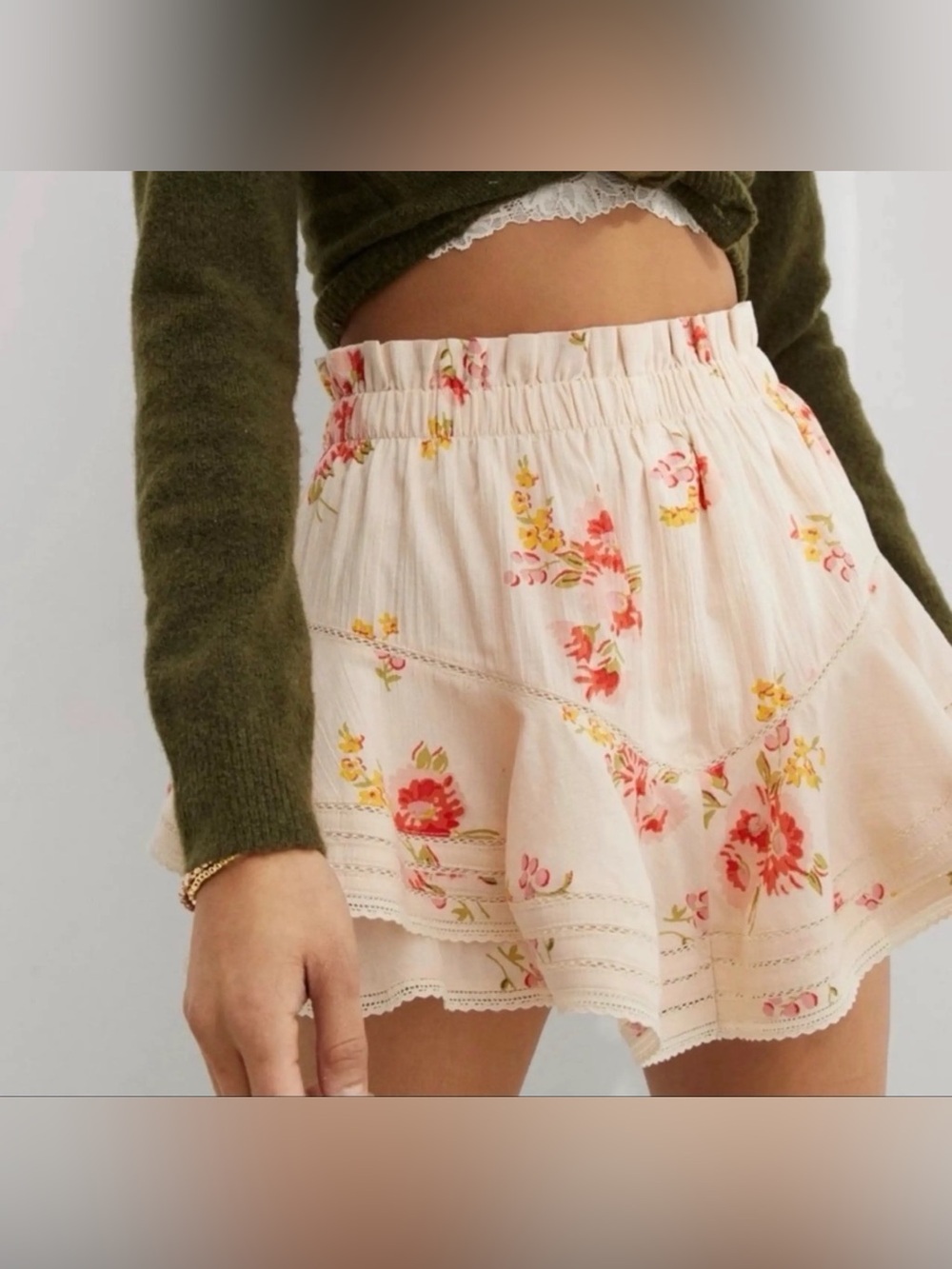 Aerie Cream Floral Smocked-Waist Mini Skirt With Pink & Yellow Blooms